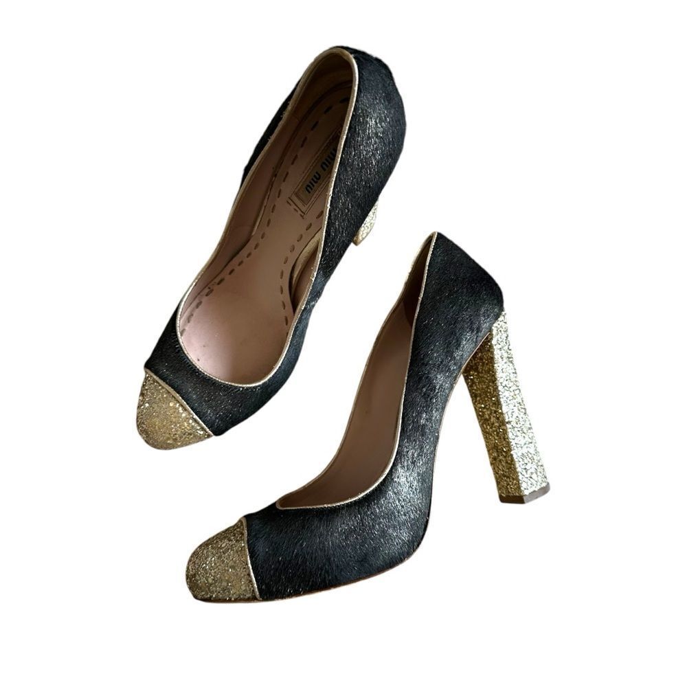 Miu Miu Calf Hair Glitter Cap Toe Block Heel Pumps Black Gold Size 40